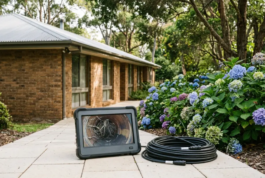 Plumber clearing a blocked drain beside a sandstone retaining wall in the Blue Mountains