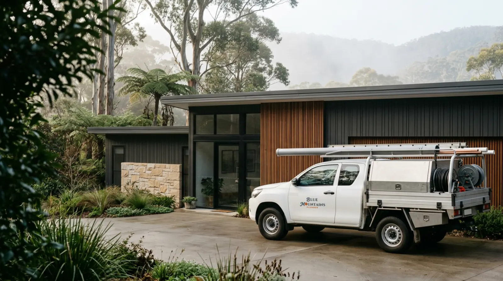 White plumber's ute with ladder rack and pipe gear parked outside a modern Blue Mountains home in morning mist