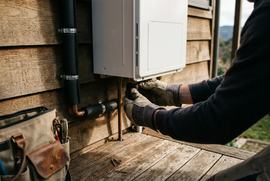 Hot water unit mounted against a weatherboard cottage wall in the Blue Mountains