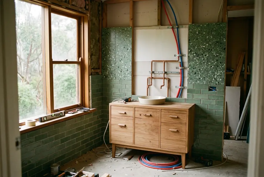 Bathroom renovation plumbing rough-in in an older Blue Mountains cottage